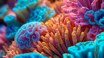 Mesmerizing Macro: Delicate, Vibrant, and Colorful Coral Polyps in Stunning Detail. AI Generated 8K. - obrazy, fototapety, plakaty