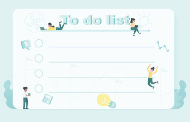 To do list and business variety activity character. Business plan, task checklist, reminder, schedule project plan, assignment to achieve success.  Flat vector design illustration.