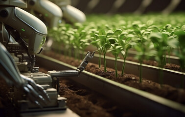 AI revolutionizing agriculture: Robotic transplanting and nurturing in an industrial horticulture farm. Concept elevating green growth.