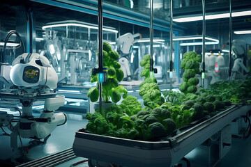 Sustainable plantation evolution: Robotic assistance and AI wisdom in an industrial horticulture farm. Concept blending nature and innovation.