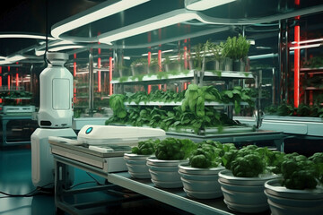 AI-powered farming transformation: Robotic transplanting and smart plant care in an industrial horticulture farm. Concept unveiling the future.