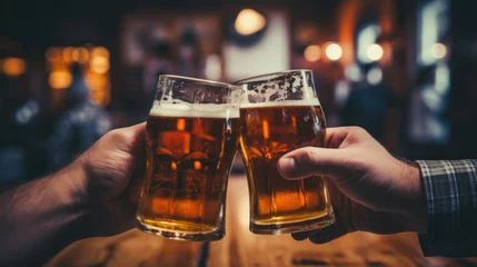 Photo sur Plexiglas Vielles portes A detailed view of hands holding beer mugs in a bar or pub