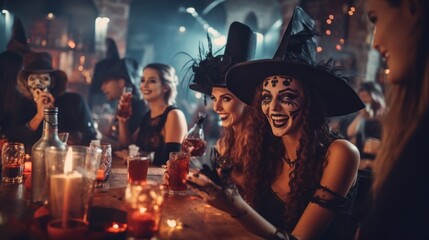 Friends in Halloween Costumes Drinking Cocktails. Group of Young Happy People Wearing Costumes at Halloween Party Drinking Cocktails and having Fun in Nightclub. Celebration of Halloween