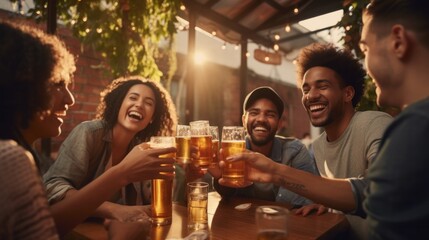 Group of happy multiethnic friends drinking and toasting beer at brewery bar restaurant - Beverage concept with men and women having fun together outside. Christmas day. Happy new year. - obrazy, fototapety, plakaty