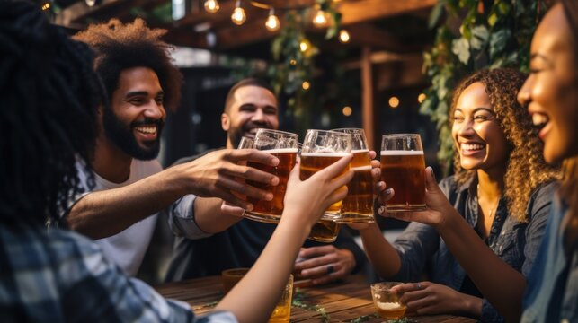 Group Of Happy Multiethnic Friends Drinking And Toasting Beer At Brewery Bar Restaurant - Beverage Concept With Men And Women Having Fun Together Outside