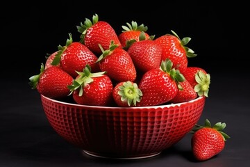 red bowl of ripe strawberries on a black background