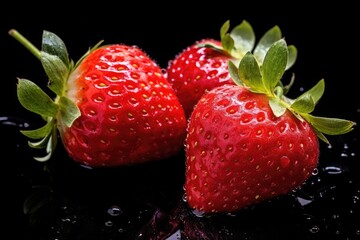 three strawberries with strawberry leaf on black background.