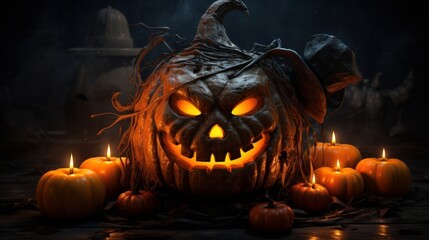 A Halloween jack-o'-lantern, featuring a pumpkin head illuminated by burning candles