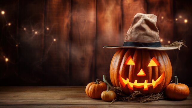 A Halloween jack-o'-lantern with a pumpkin head set against a wooden background