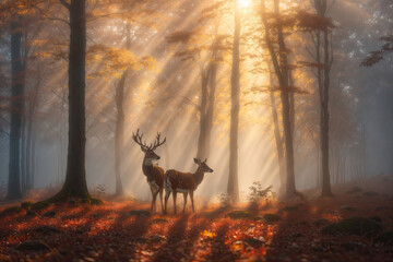 Deer in the autumn foggy forest in mountains