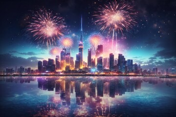 Fototapeta na wymiar Beautiful fireworks fill the night time sky of big city background