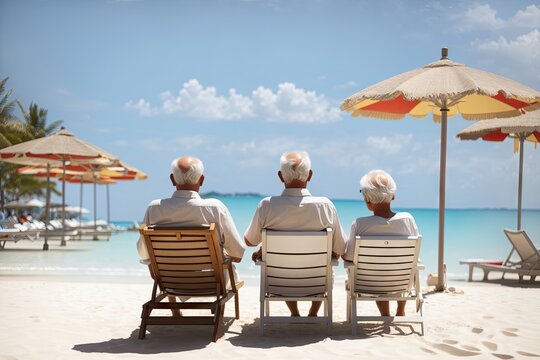 Relaxed summer vacation seniors old man and woman sitting on the beach.