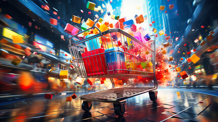 Shopping carts weaving through aisles filled with colorful product displays - obrazy, fototapety, plakaty