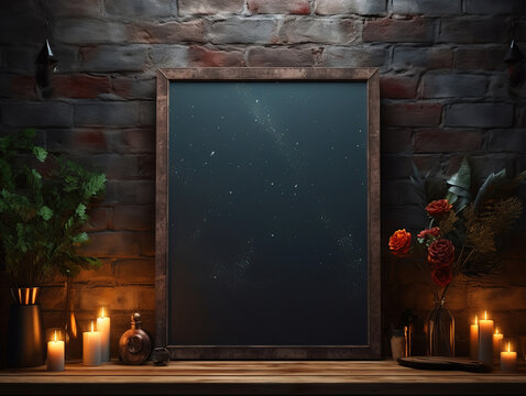 Mock-up poster in dark interior background with candles. Generative Ai