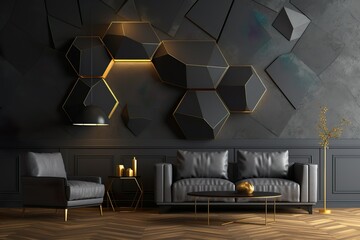 Interior with a beautiful black wall with 3D abstract pattern | Generative AI