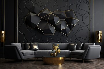 Interior with a beautiful black wall with 3D abstract pattern | Generative AI