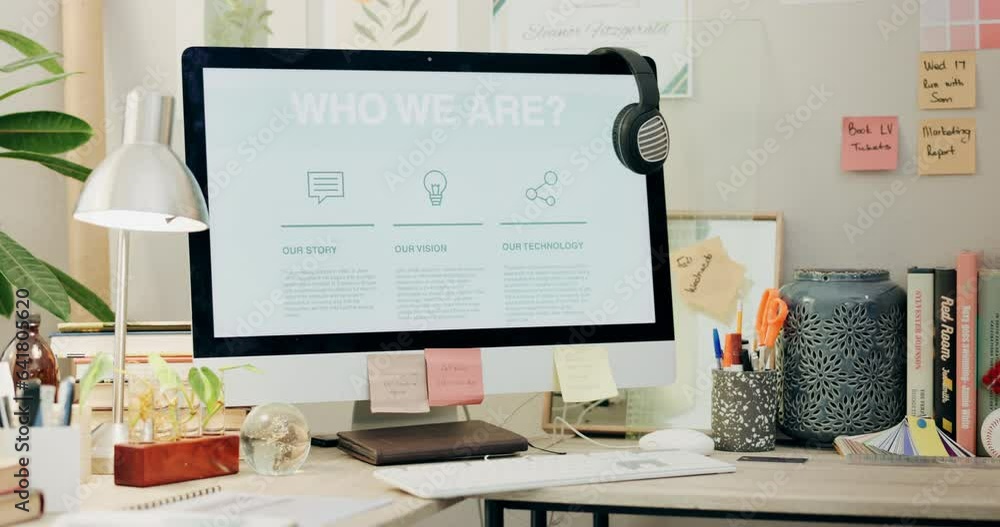 Aufkleber office, computer screen and website about us, information on crm business for virtual assistant. mon