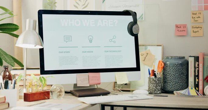 Office, computer screen and website about us, information on crm business for virtual assistant. Monitor, empty workspace and online customer service web page for consulting, contact info and network