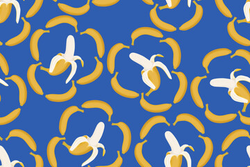 Banana seamless pattern around a peeled banana forming a heart illustration, background