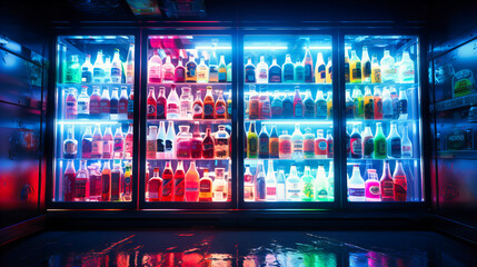 The glow of refrigerator lights illuminating rows of chilled beverages, with condensation dripping down the bottles - obrazy, fototapety, plakaty