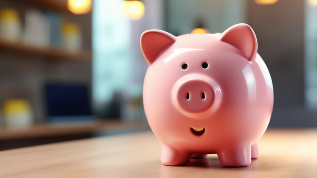 Pig piggy bank safe, money savings financial concept, ceramic piggy on wooden table top in living room