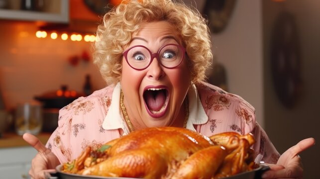 Smiling housewife cooks turkey to celebrate thanksgiving holiday. Generative AI