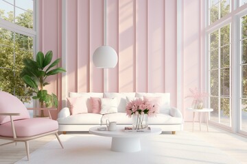 modern living room with white sofa and pink dekor | Generative AI