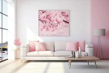 modern living room with white sofa and pink dekor | Generative AI