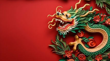 Fototapeta premium Traditional Chinese new year green dragon isolated on red with space for text