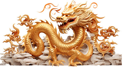 Traditional Chinese new year gold dragon in sea waves isolated on white
