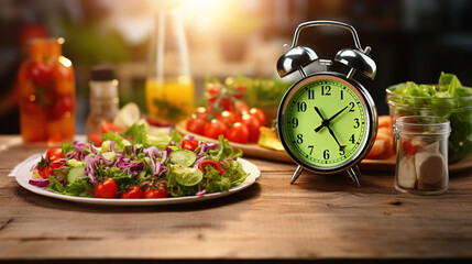 Retro clock and a Healthy food of salad. Generative AI