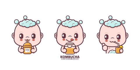 cute baby cartoon with kombucha. set cartoon vector with different expressions