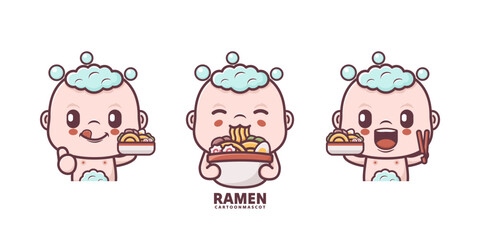 cute baby cartoon with ramen. set cartoon vector with different expressions