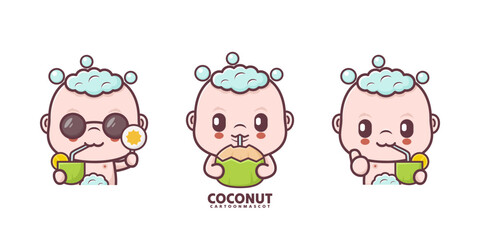 cute baby cartoon with coconut. set cartoon vector with different expressions