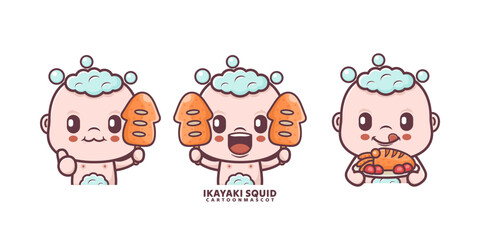 cute baby cartoon with ikayaki squid. set cartoon vector with different expressions