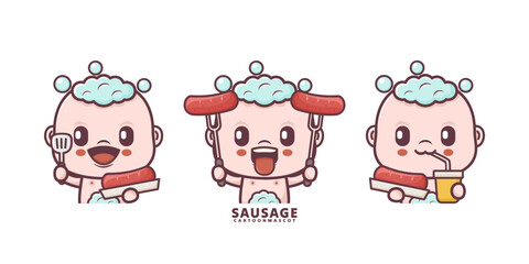 cute baby cartoon with sausage. set cartoon vector with different expressions