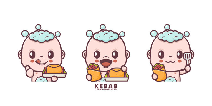 cute baby cartoon with kebab. set cartoon vector with different expressions