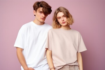 Portrait of a Cute Fictional Couple Wearing Plain Casual Clothes. A Man and a Woman Isolated on a Plain Colored Blank Background. Generative AI Illustration.
