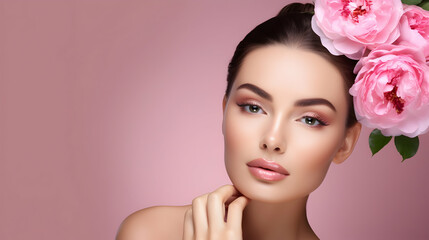 Obraz premium Beauty portrait of a girl with styled hair and pink flowers, concept of a beauty salon, skin care or hairdresser's