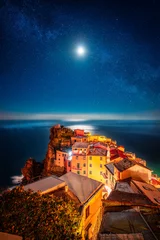 Gordijnen Milky Way Night view with Moon and Stars of Manarola, Cinque Terre, Italy © Nunuu