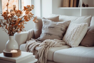 white beige cloth blanket on grey contemporary soft and comfort armchair close up beautiful cosy living room interior design detail element house design concept
