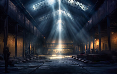 dark warehouse with light beams inside - obrazy, fototapety, plakaty