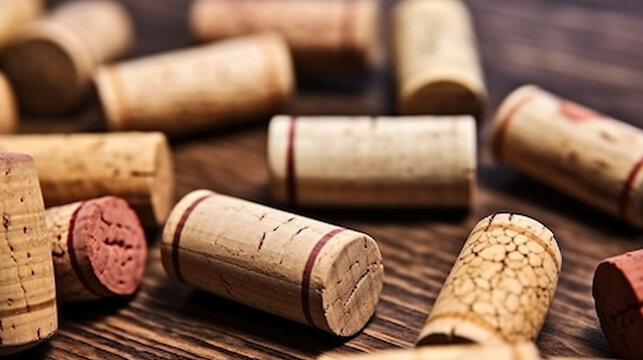 Tales of Vintage. Dated wine bottle corks on the wooden background. Generative AI