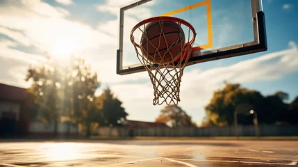 Fotobehang Low-Angle Shot of Basketball Hoop Against Sky Backdrop. Generative AI © lander
