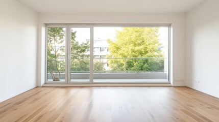 open space plan empty room with wooden floor white wall and daylight  full height window galss with city builing background mock up room interior space background