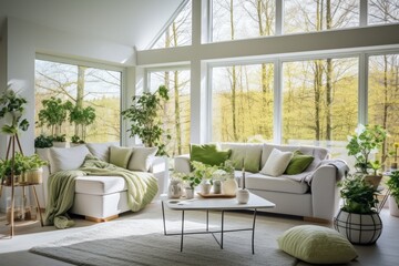 cosy interior living room contemporary white bright color scheme creative ideas concept with nature garden forest tree window background beautiful house background