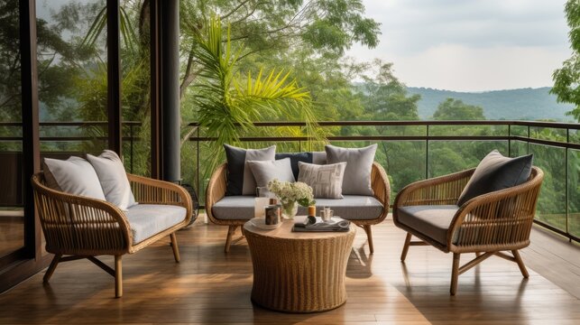 cosy rattan armchair simple furniture exterior balcony terrace space homeinterior design room mockup house beautiful concept