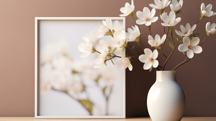 White flowers in a vase and a white frame on a light background. Generative AI