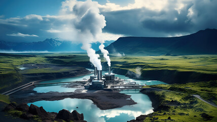 Harnessing Earth's Energy. Geothermal Power Plant with Billowing Steam. Generative AI - obrazy, fototapety, plakaty