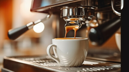 A close-up of a coffee pouring in a white cup from a coffee machine in a cafe. Espresso brewing in a professional espresso machine in a coffee shop. Generative AI - obrazy, fototapety, plakaty